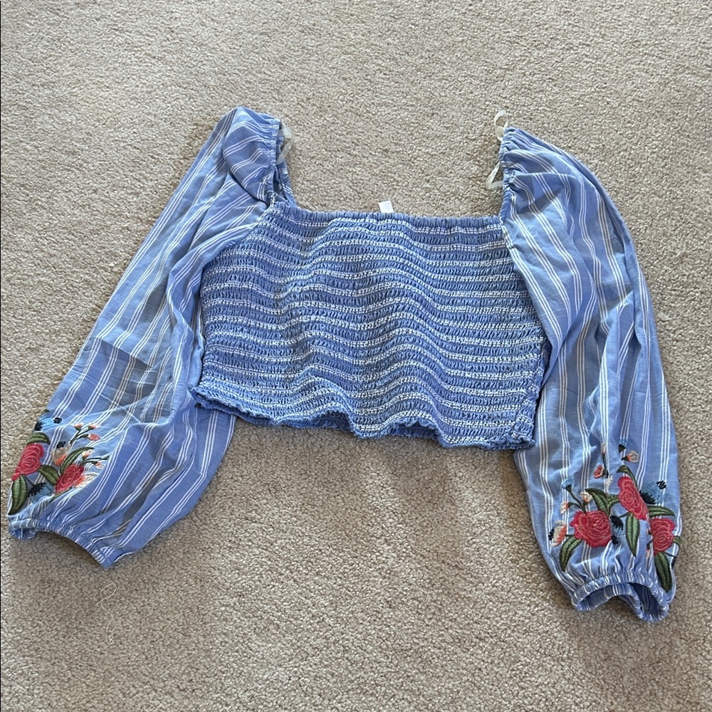 Blue Striped Women's Top with Floral Embroidery size xs